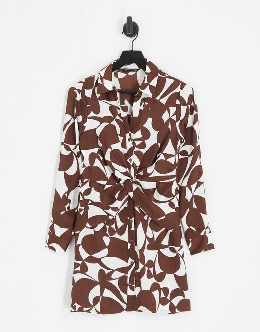 Stradivarius twist detail printed satin shirt dress