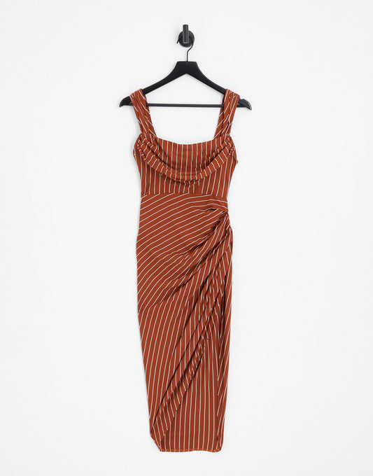 ASOS DESIGN linen drape corset midi dress in rust stripe print