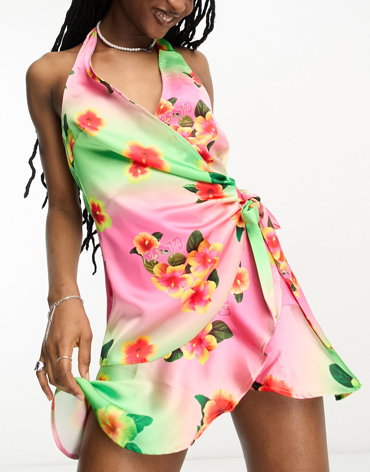 COLLUSION floral  print wrap halter mini dress in multi