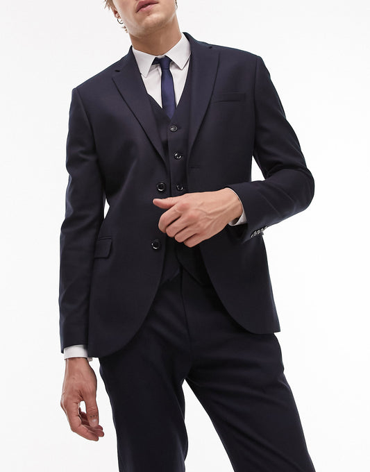 Topman skinny textured suit jacket in navy