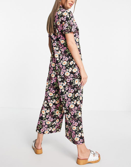 ASOS DESIGN bubble crepe double breasted smock jumpsuit in multi floral print