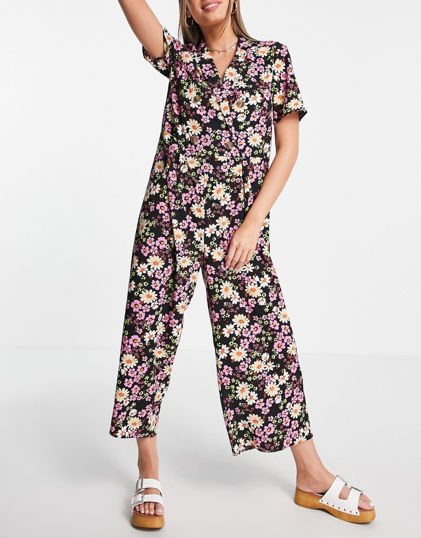 ASOS DESIGN bubble crepe double breasted smock jumpsuit in multi floral print