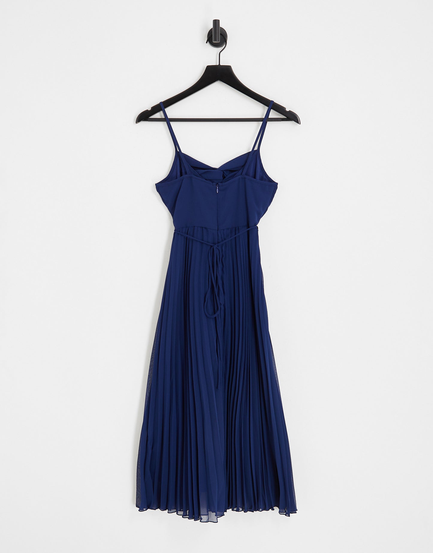 ASOS DESIGN twist front pleated cami midi dress with belt in navy