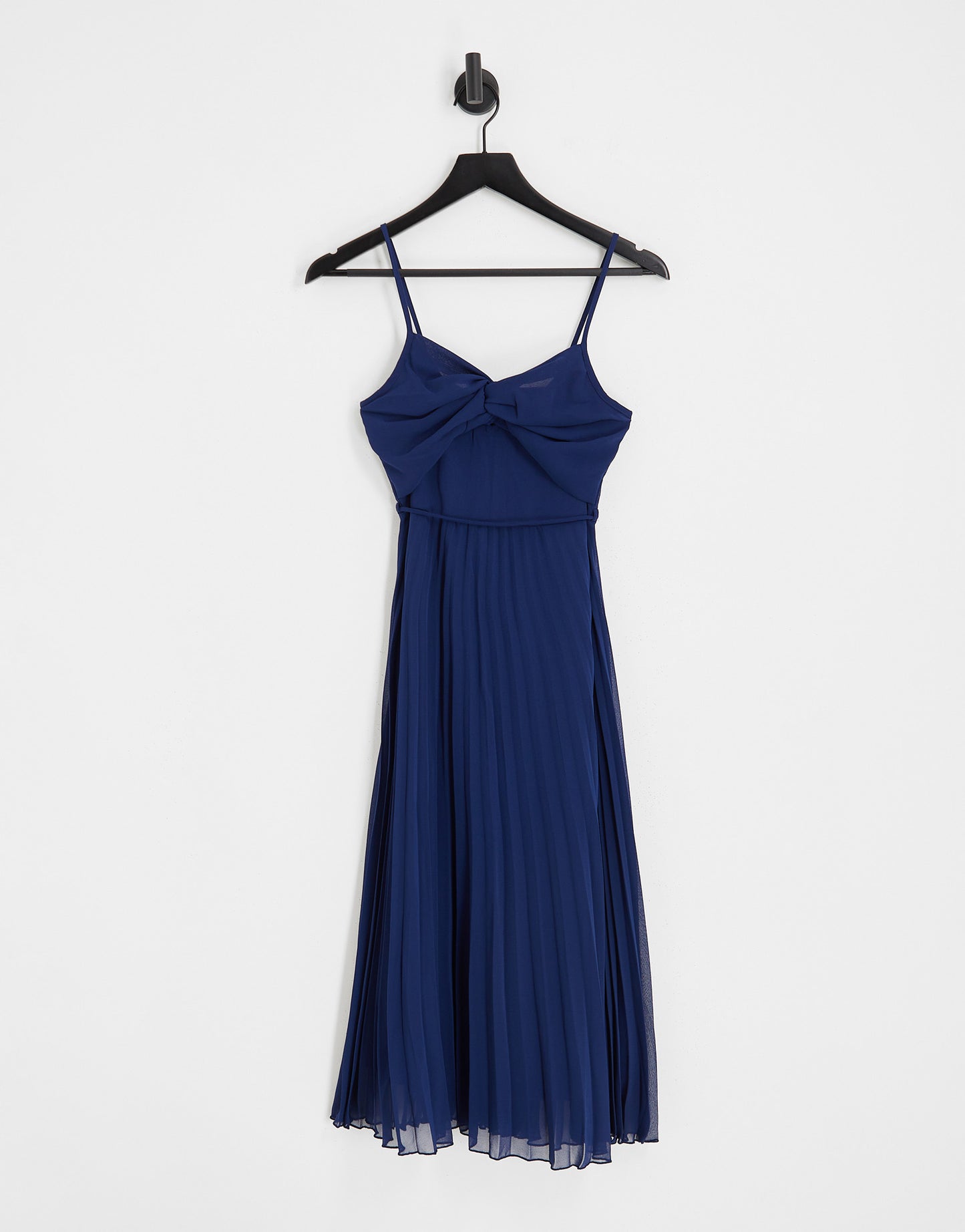 ASOS DESIGN twist front pleated cami midi dress with belt in navy