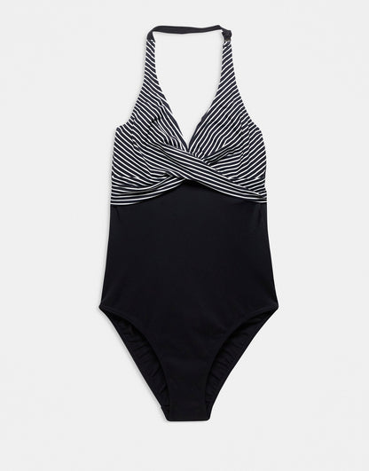 Figleaves Tall halter swimsuit with twist detail in black stripe