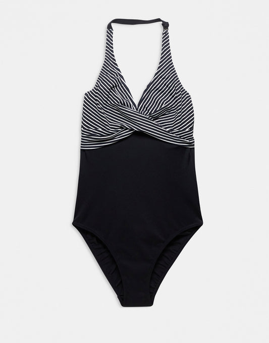 Figleaves Tall halter swimsuit with twist detail in black stripe