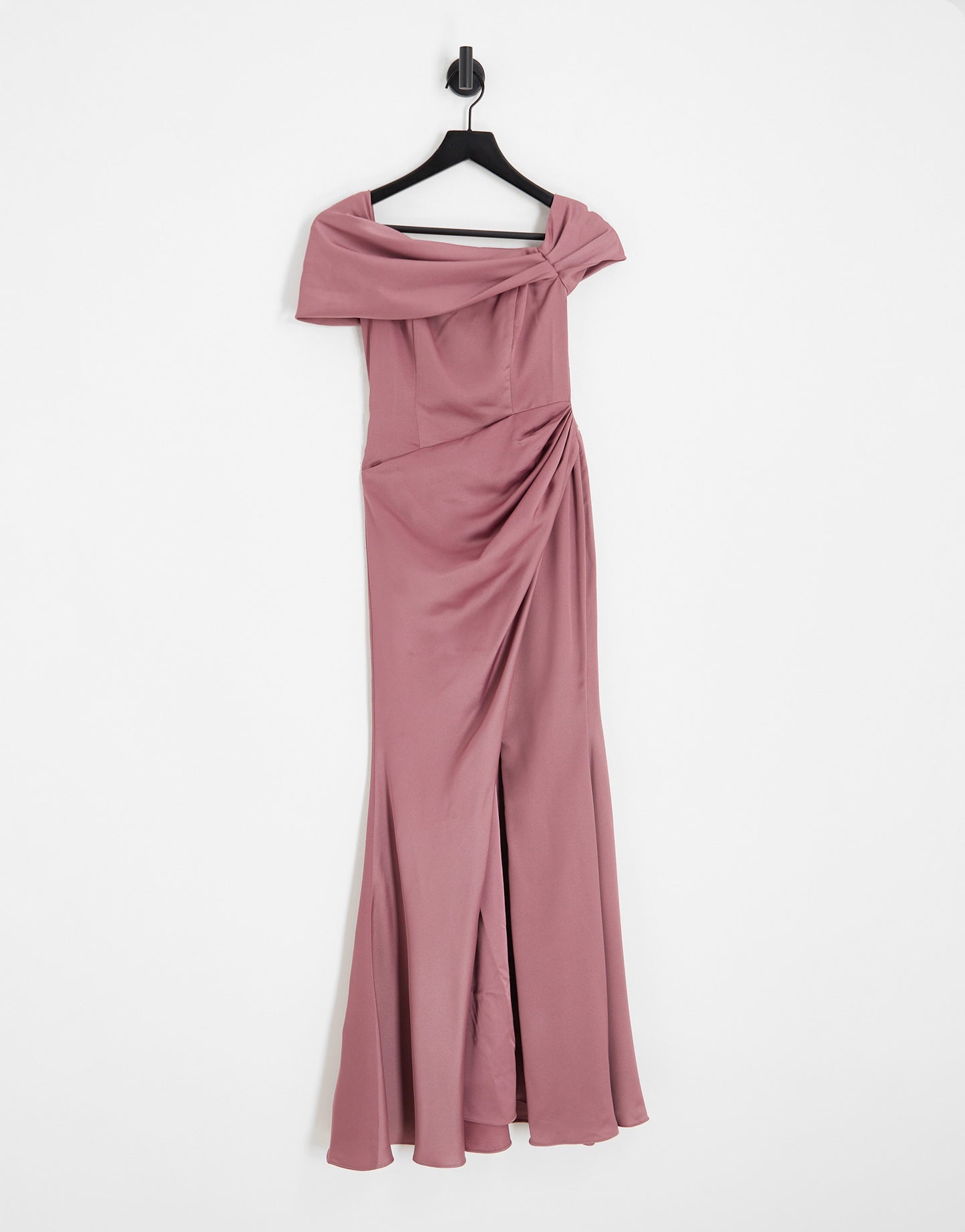 ASOS DESIGN Bridesmaid satin bardot drape wrap maxi dress in orchid