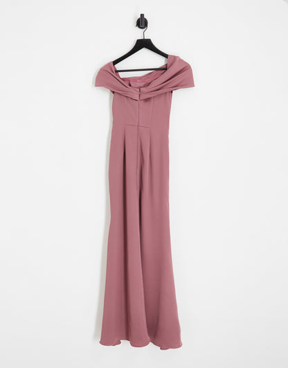 ASOS DESIGN Bridesmaid satin bardot drape wrap maxi dress in orchid