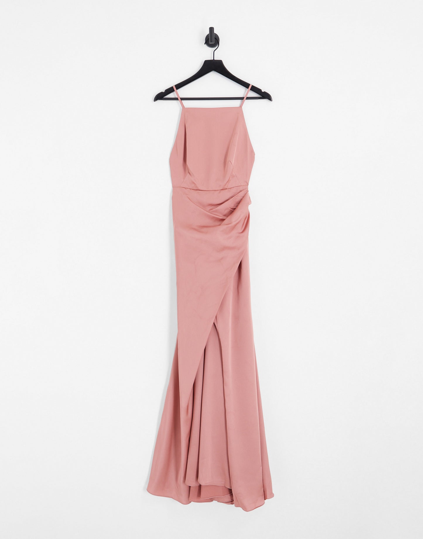 ASOS DESIGN Bridesmaid satin square neck maxi dress with side split in dusky rose