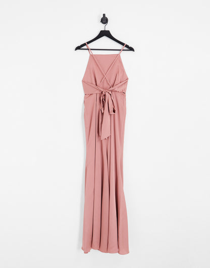 ASOS DESIGN Bridesmaid satin square neck maxi dress with side split in dusky rose