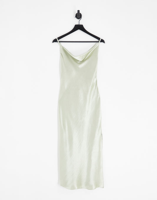 ASOS DESIGN Bridesmaid cami midi slip dress in high shine satin with lace up back in sage