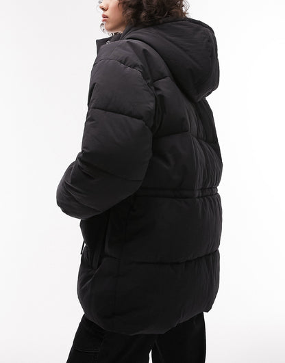 Topshop Tall mid length tie waist puffer jacket in black