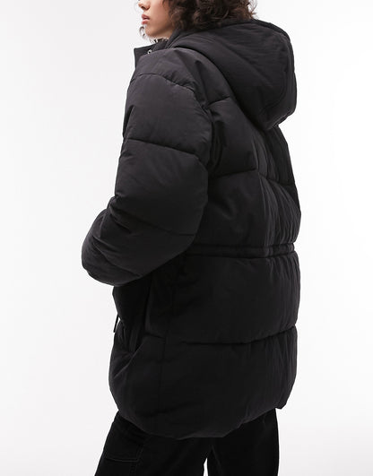 Topshop Tall mid length tie waist puffer jacket in black