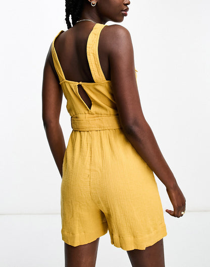 ASOS DESIGN crinkle utility playsuit with self belt in mustard