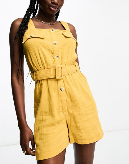 ASOS DESIGN crinkle utility playsuit with self belt in mustard