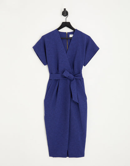 Closet London ribbed pencil dress with tie belt in navy