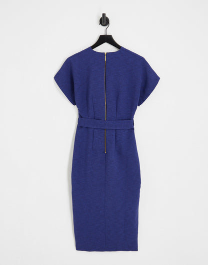 Closet London ribbed pencil dress with tie belt in navy