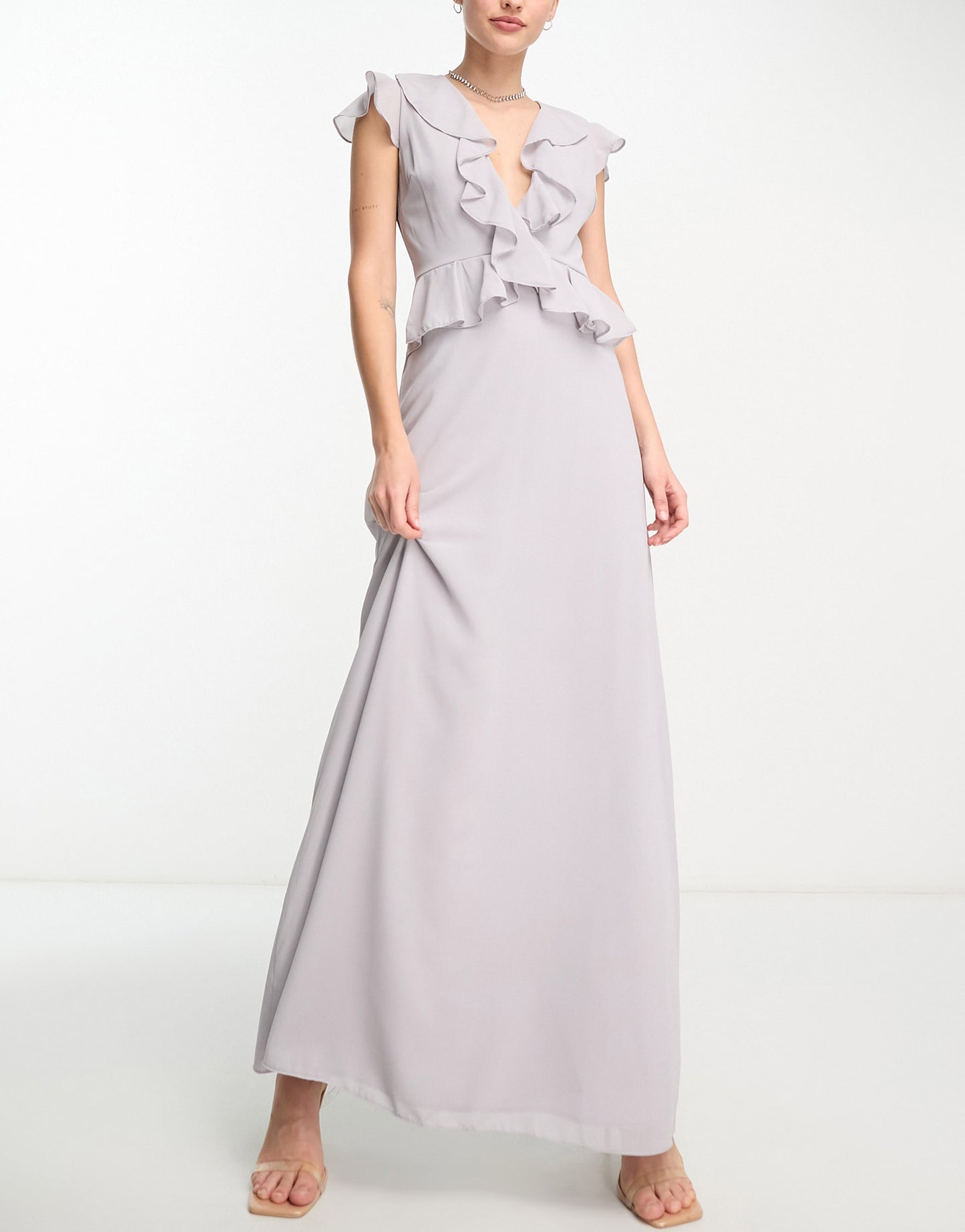 TFNC Tall Bridesmaid chiffon maxi dress with frill detail in mauve