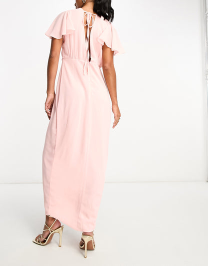 TFNC Petite Bridesmaid chiffon wrap front maxi dress with flutter sleeve in whisper pink