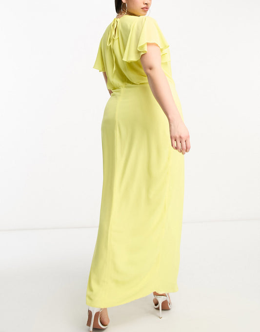 TFNC Plus Bridesmaid chiffon wrap front maxi dress with flutter sleeve in lemon yellow