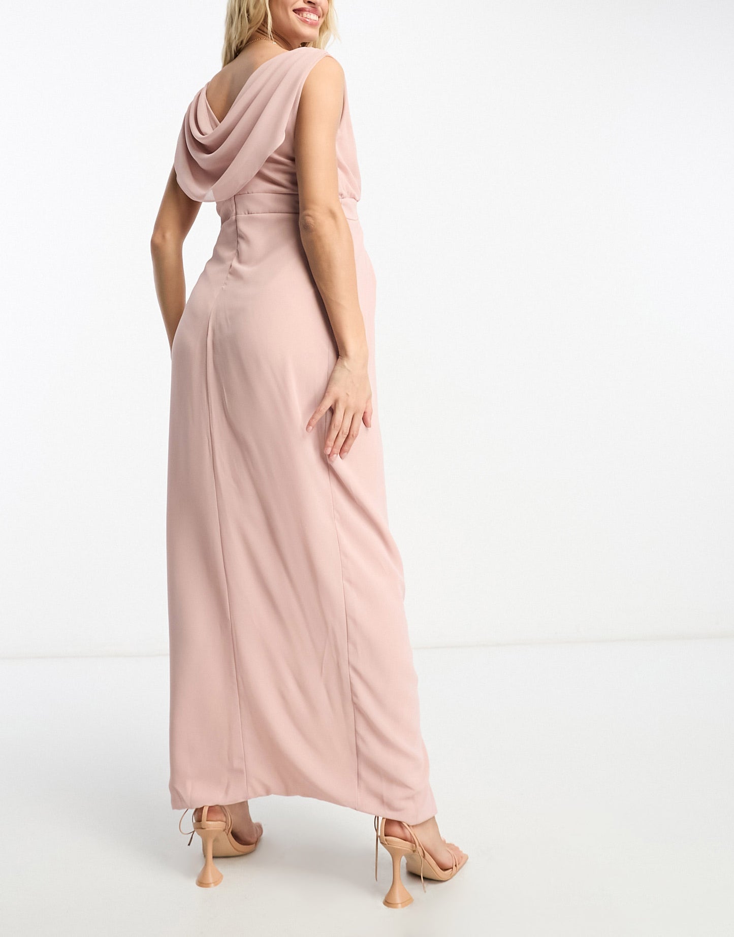 TFNC Maternity Bridesmaid chiffon wrap maxi dress with cowl neck front and back in mauve