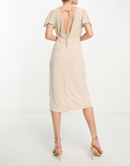 TFNC Tall Bridesmaid chiffon wrap front midi dress with flutter sleeve in caffe latte