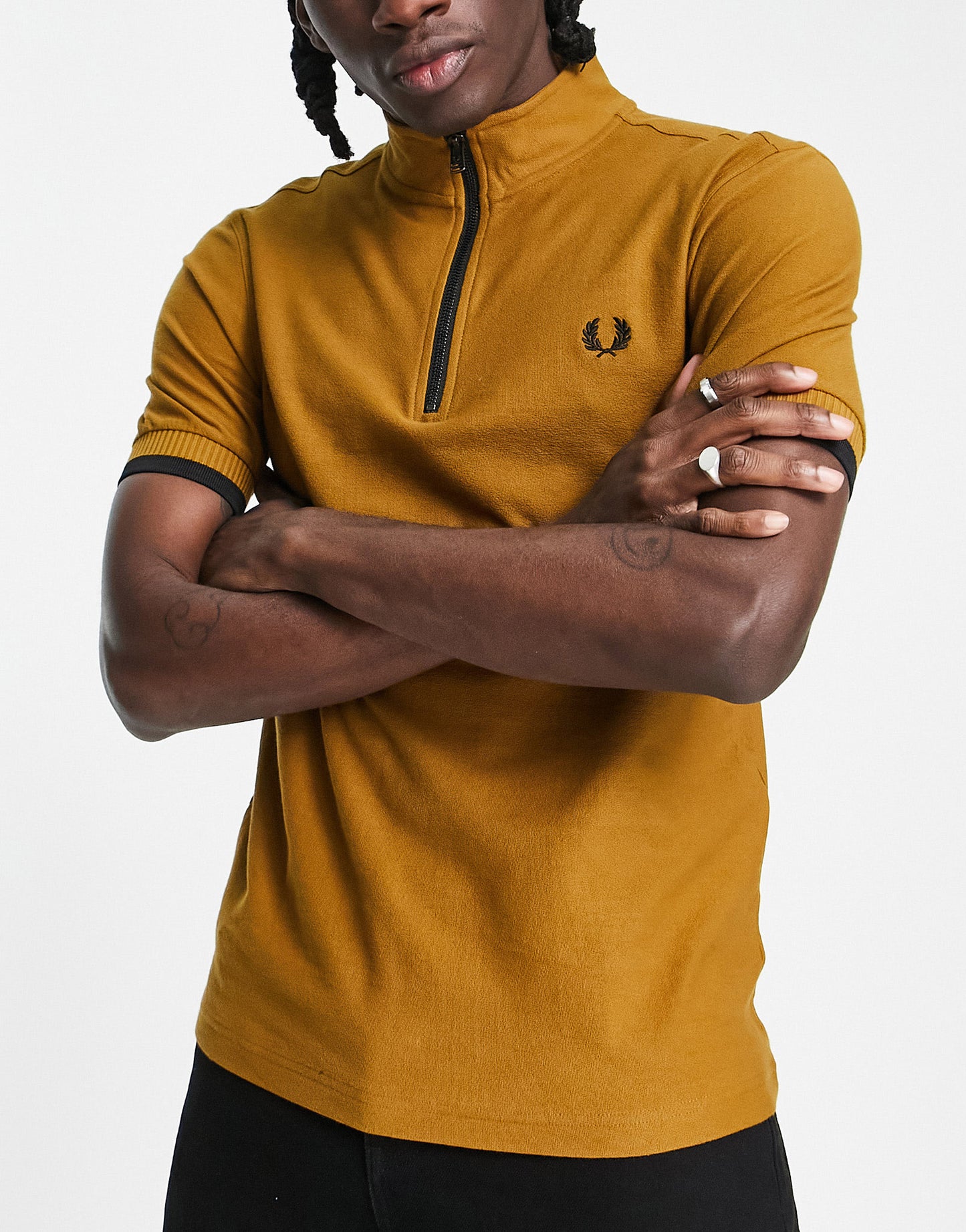 Fred Perry zip funnel neck polo shirt in tan