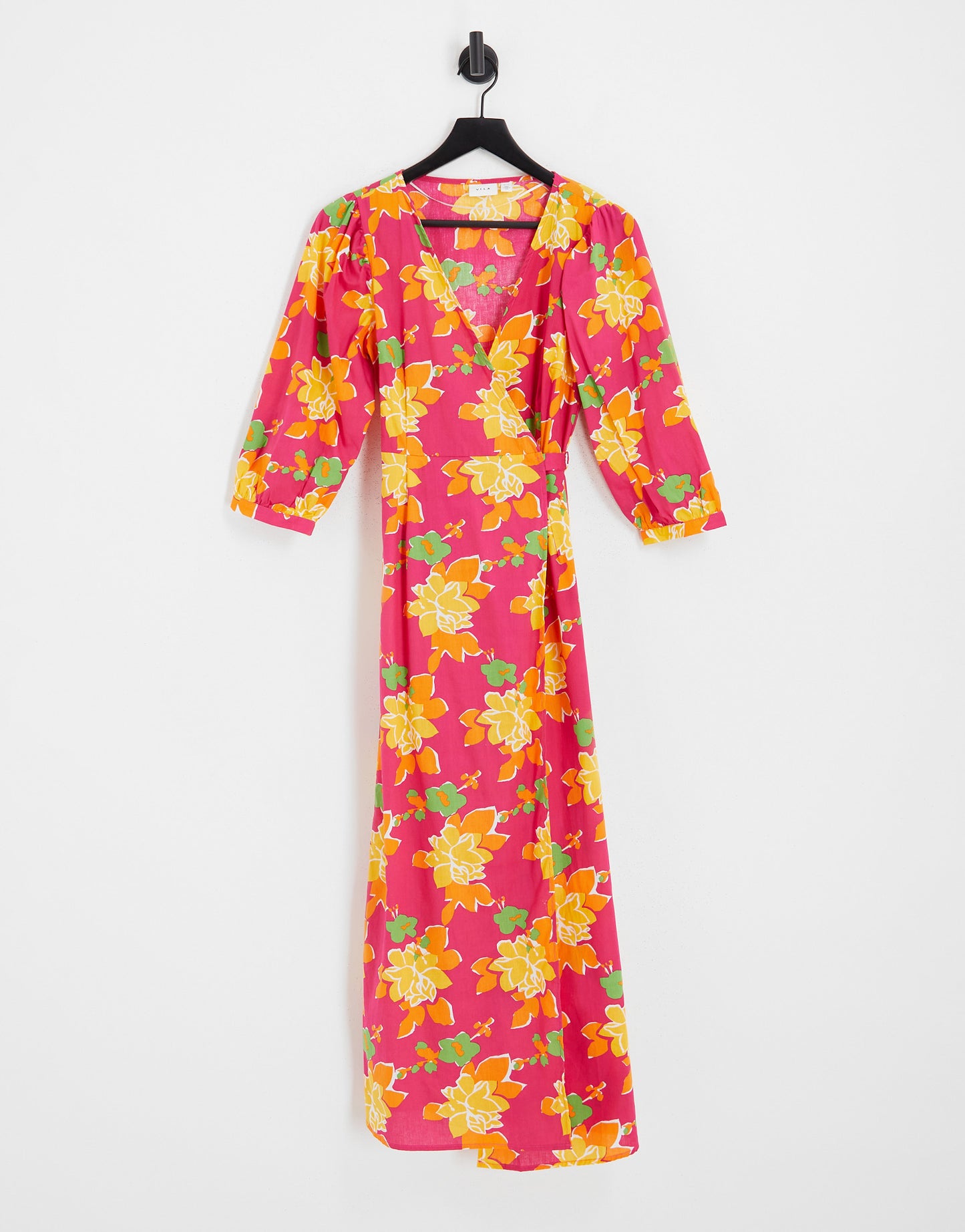 Vila exclusive wrap midi dress in pink bold floral