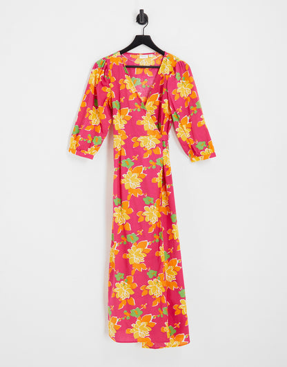 Vila exclusive wrap midi dress in pink bold floral