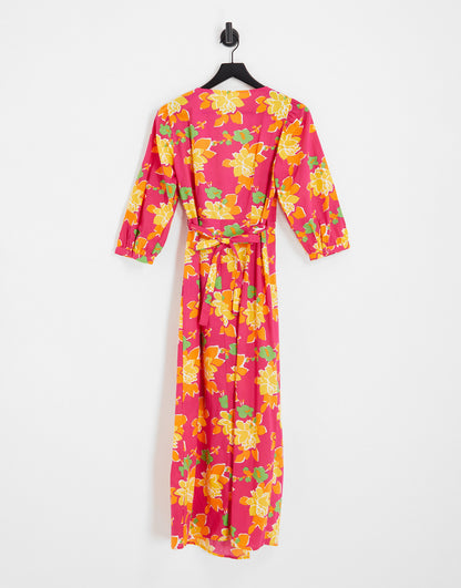 Vila exclusive wrap midi dress in pink bold floral