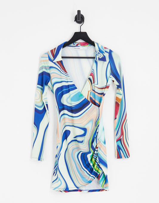 Bershka drape shirt dress in multi holographic print