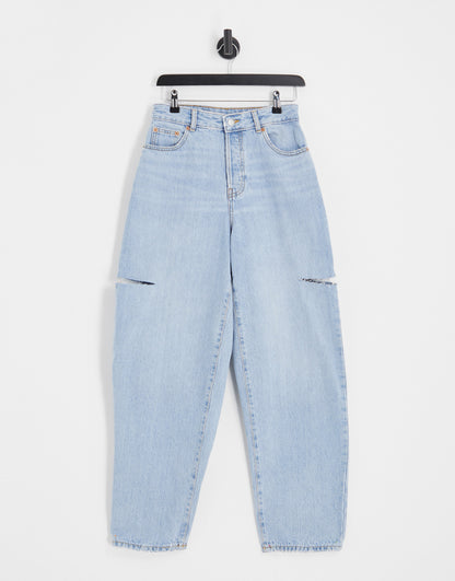 Dr Denim Bella balloon leg jeans with rip in light wash blue