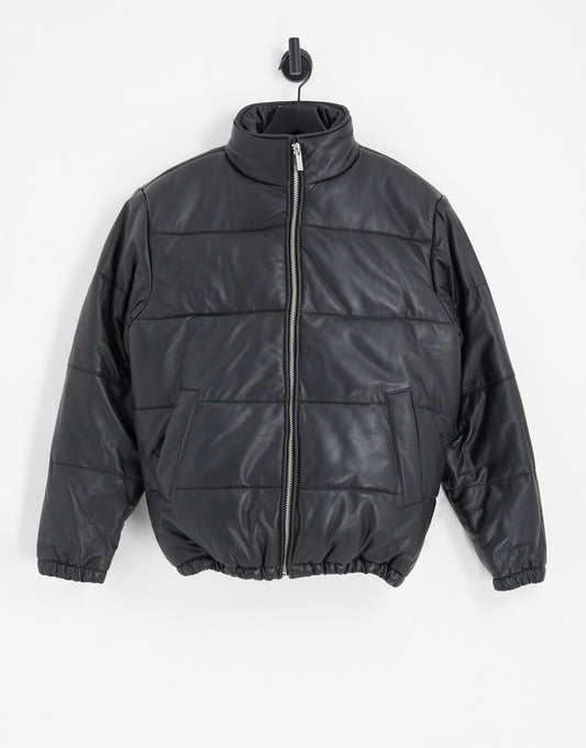 Topman leather puffer jacket in black