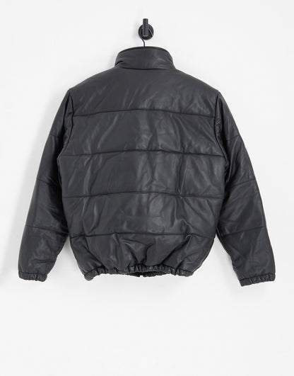 Topman leather puffer jacket in black