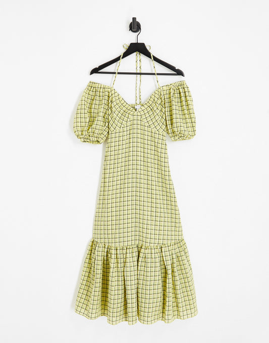 Topshop textured check bust cup midi dress in lime