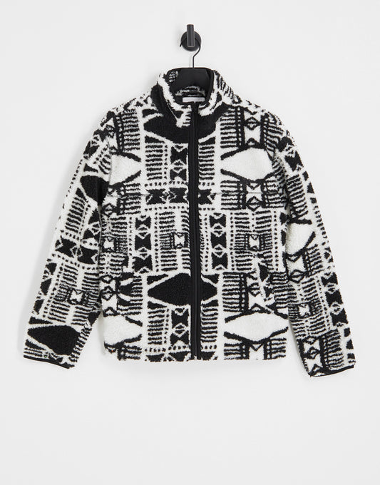 Topman borg jacket with all over aztec print in ecru