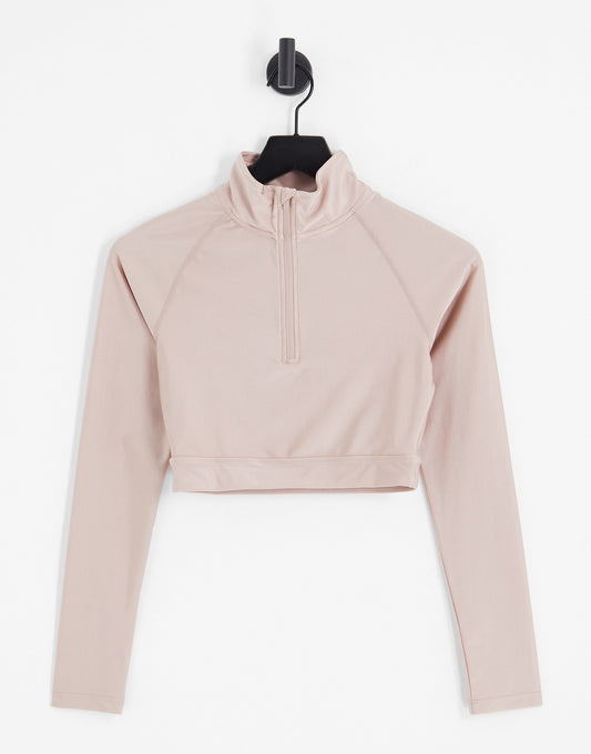 HIIT 1/4 zip crop top with long sleeve in gloss finish in mink