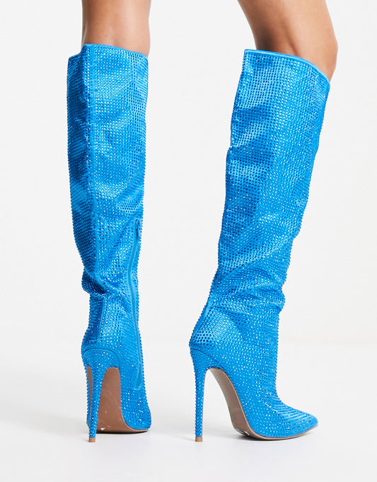 ASOS DESIGN Carly pull on knee boots in blue rhinestone