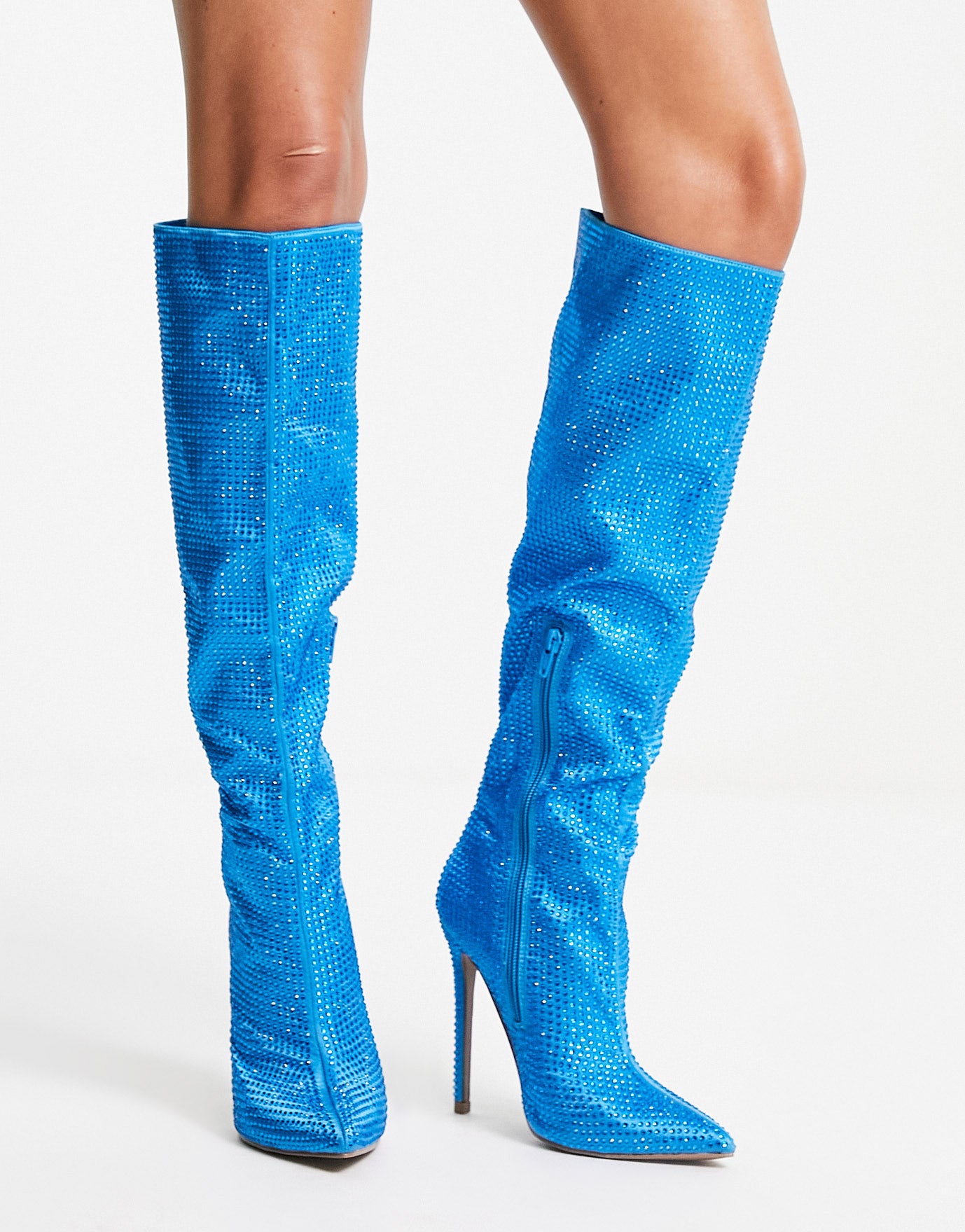 ASOS DESIGN Carly pull on knee boots in blue rhinestone