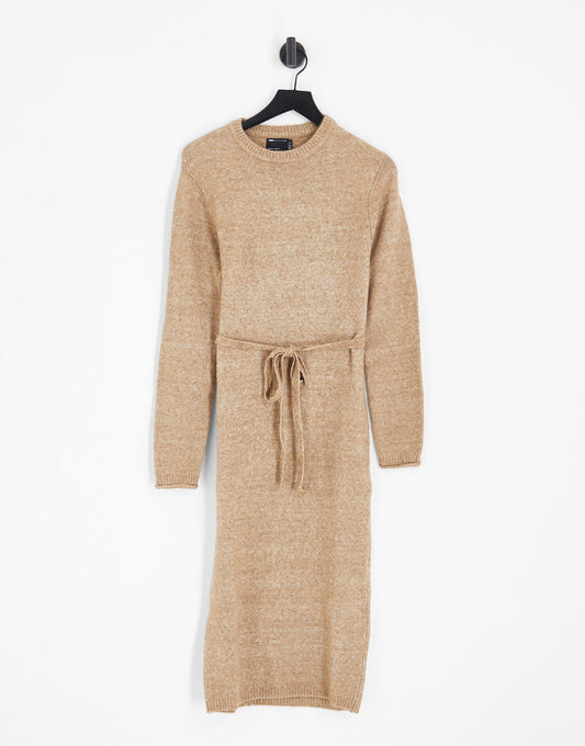 ASOS DESIGN Tall knitted midi dress with tie waist in taupe