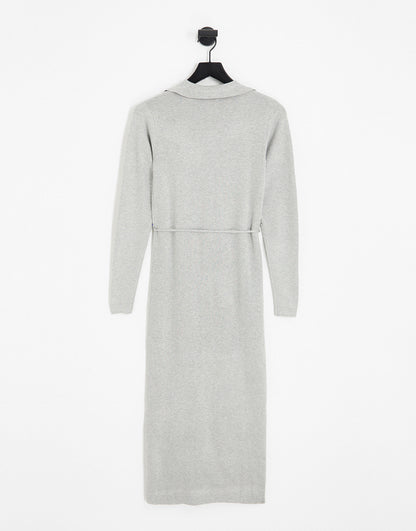 ASOS DESIGN knitted midi dress with open collar and tie waist in grey