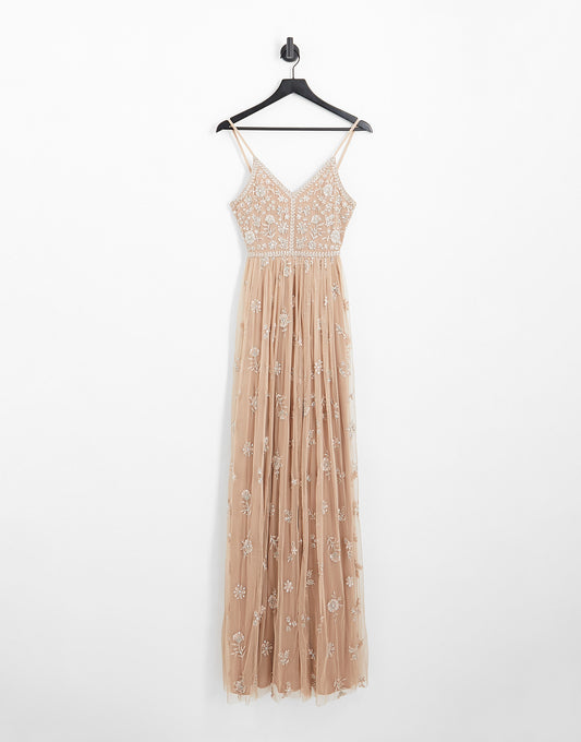 Beauut Tall Bridesmaid delicate embellished maxi dress with tulle skirt in taupe