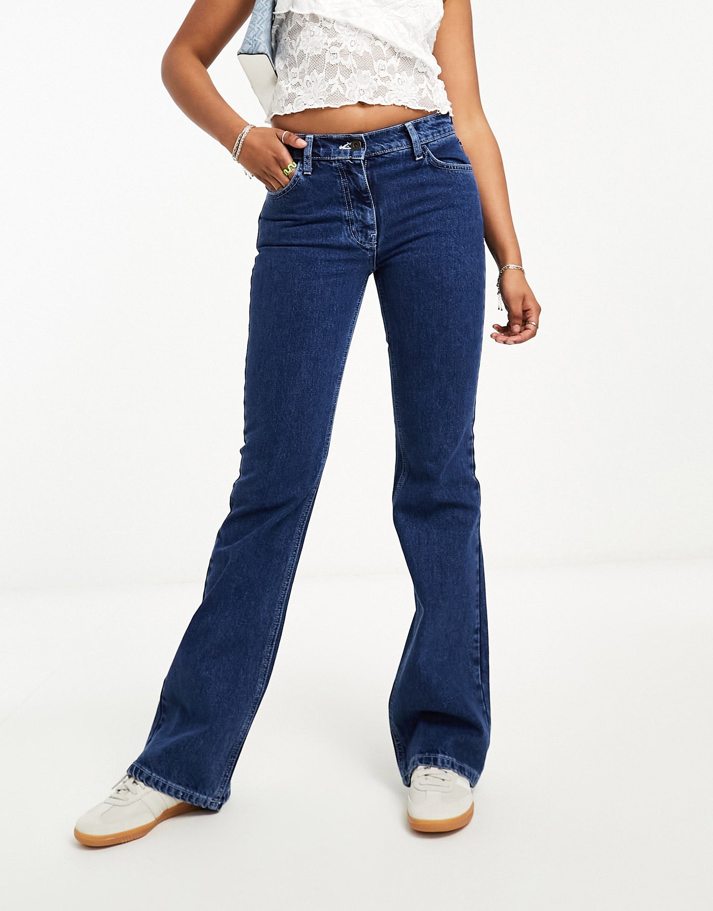 COLLUSION x008 rigid flare jean with white stitch in blue