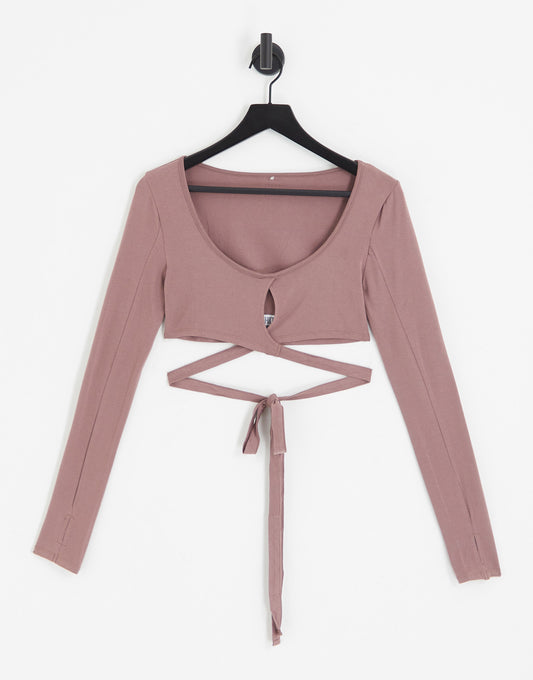 HIIT crop top with wrap and tie details in mink