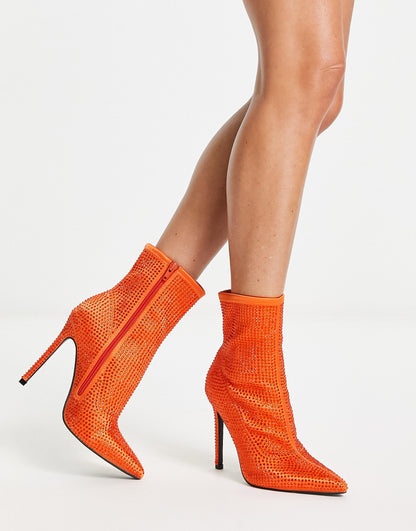 ASOS DESIGN Esme embellished heeled sock boots in orange rhinestone