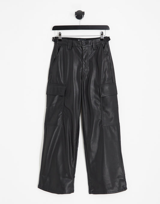 ASOS DESIGN Petite faux leather cargo trousers in black