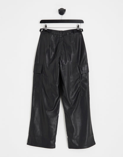 ASOS DESIGN Petite faux leather cargo trousers in black