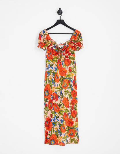 Topshop tie front bright floral midi dress in pink