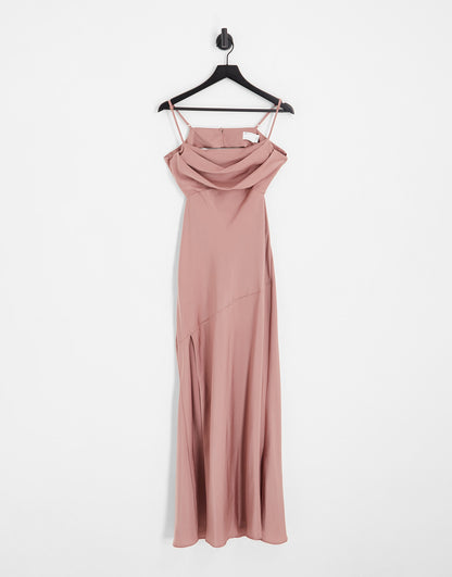 ASOS DESIGN Bridesmaid strappy satin cami maxi dress with cowl front in toffee