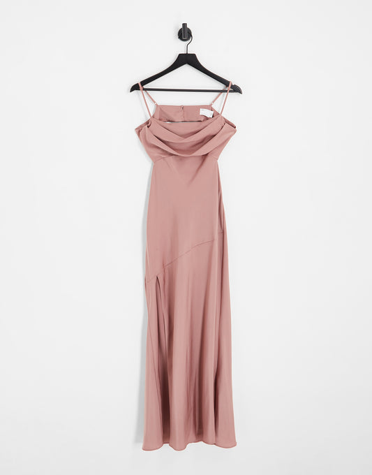 ASOS DESIGN Bridesmaid strappy satin cami maxi dress with cowl front in toffee